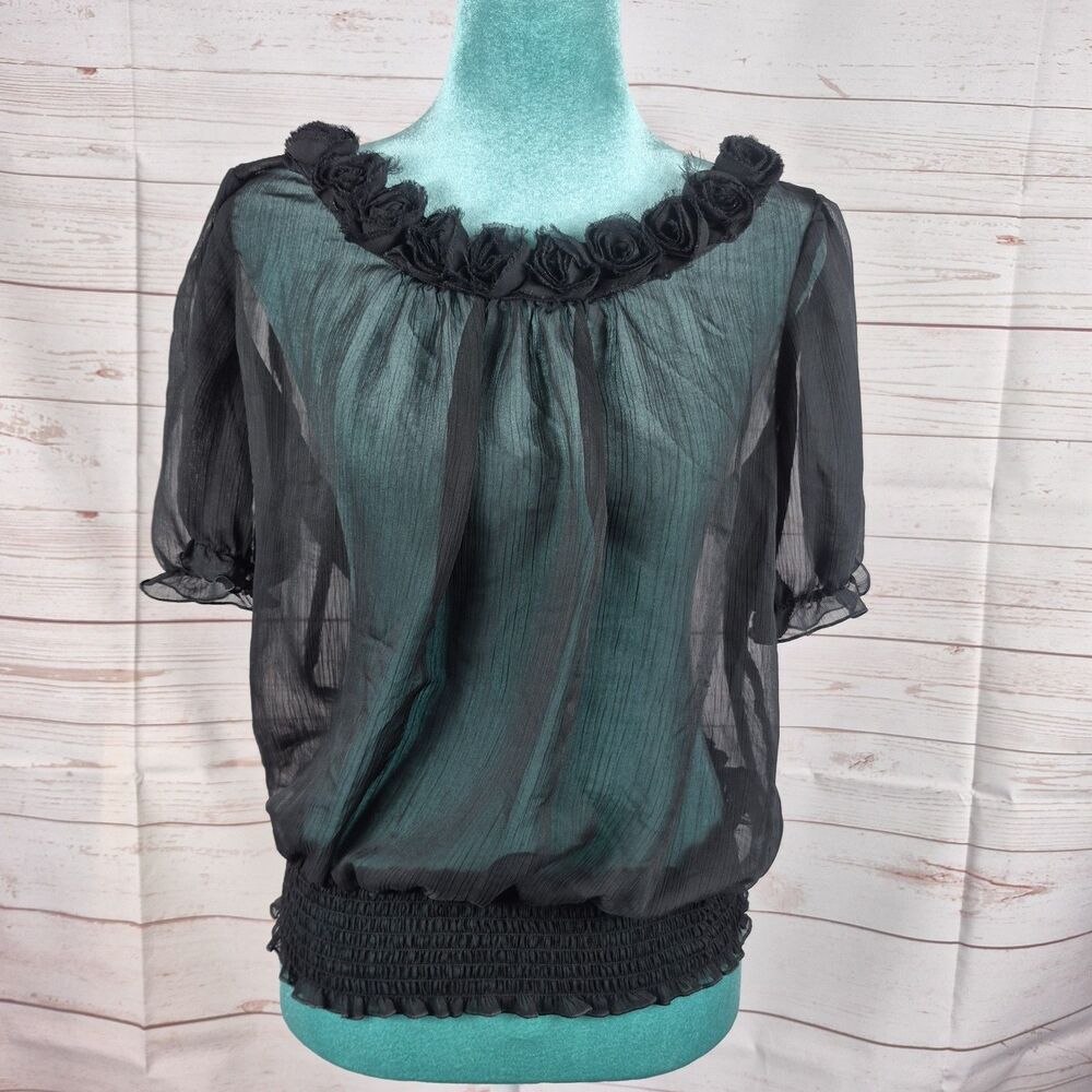 B Wear Womens Black Top Sheer Blouse Sz XL Whimsigoth Witchy Rosebud Neck Detail